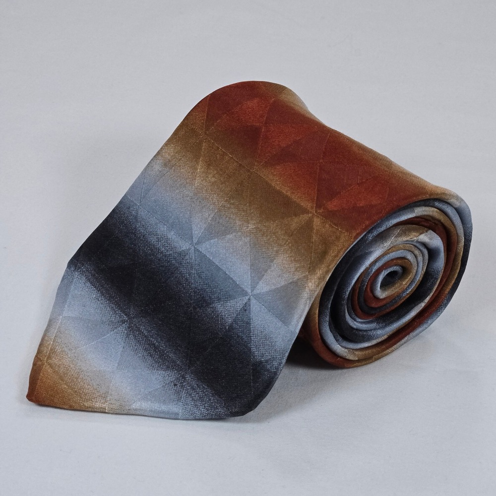 Conte di Milano Silk Tie Brown‎ Gray Ombre Geometric Gradient 4" Wide 59.5" Long